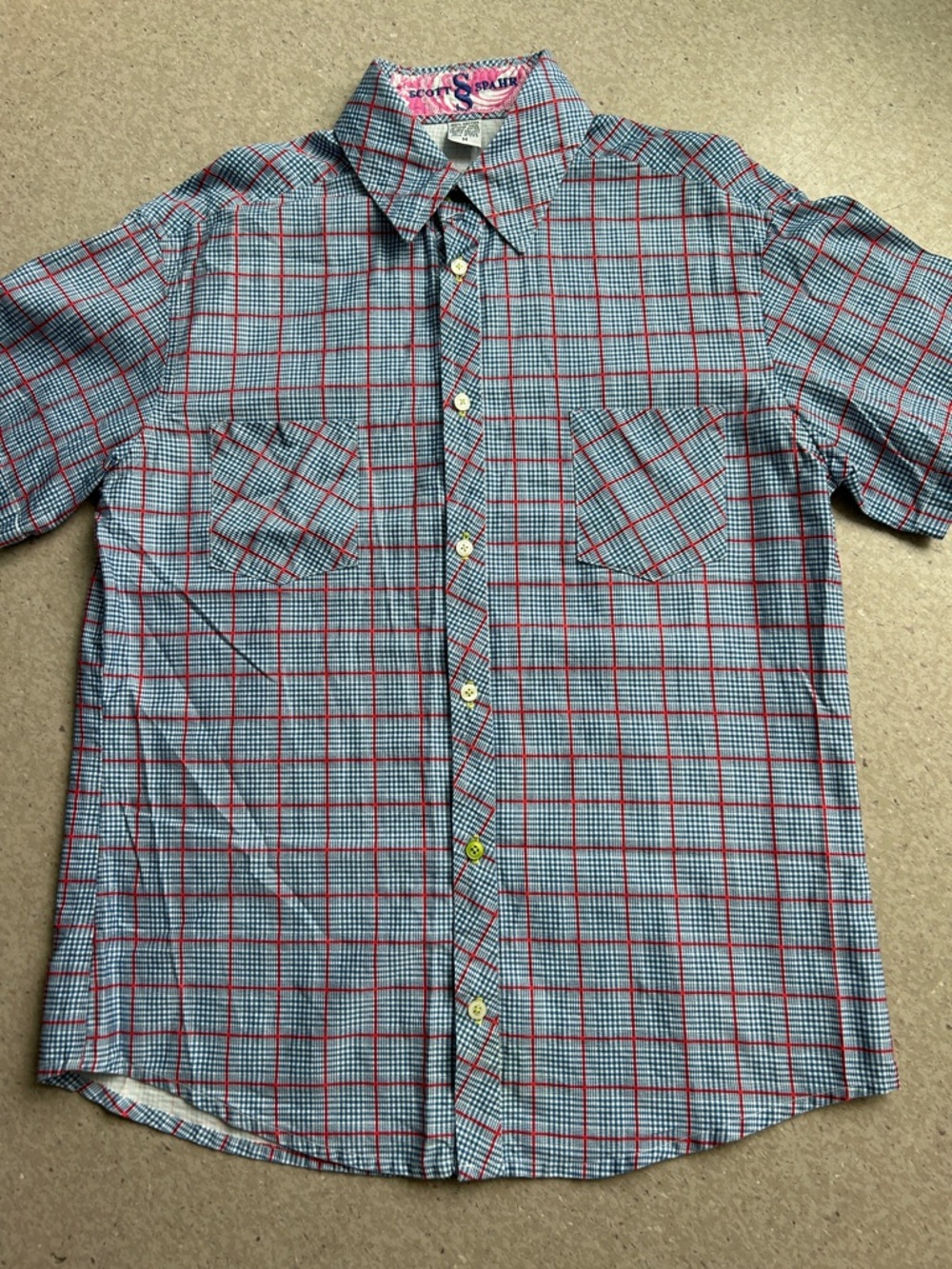 SCOTT SPAHR Blue Plaid Short Sleeve Button-Down SIZE M